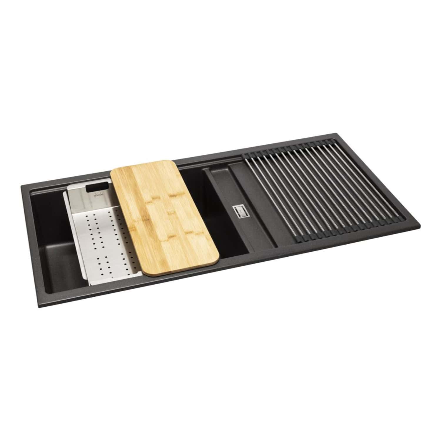 Sleek black kitchen sink with integrated bamboo chopping board, draining rack, and stainless steel colander for efficient kitchen organisation. Perfect for modern busy kitchens seeking style and functionality.