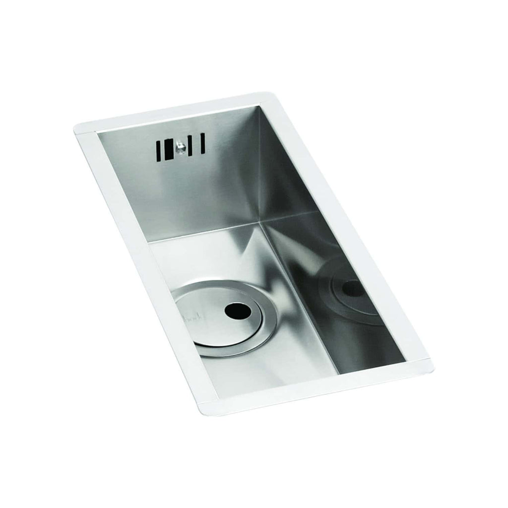 Stainless steel under-mount kitchen sink with dual bowls and waste fittings, ideal for modern bathrooms and kitchens. Durable and easy to clean, perfect for contemporary bathroom renovations.