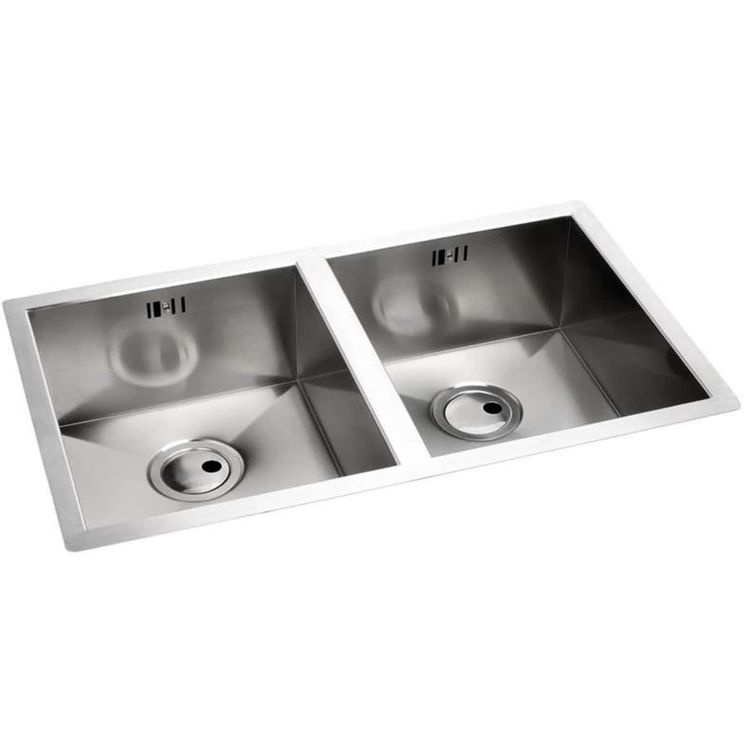 Polished stainless steel double kitchen sink with two basins and central drain, ideal for modern bathroom or kitchen renovation. Durable, easy to clean, and designed for seamless fit.