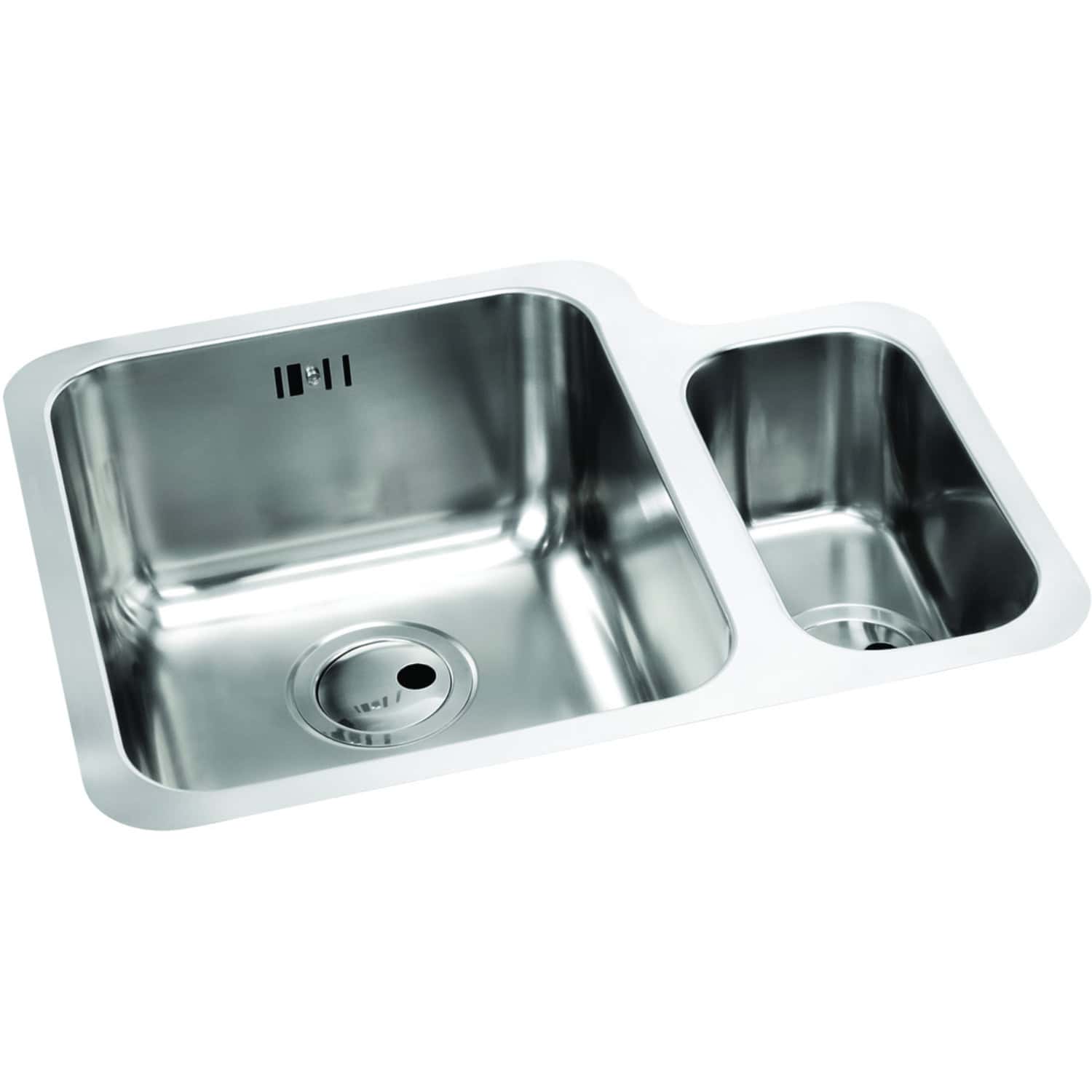 Stainless steel double kitchen sink with integrated waste outlets, modern design, ideal for contemporary bathrooms and kitchens. Elegant and durable, perfect for any renovation.