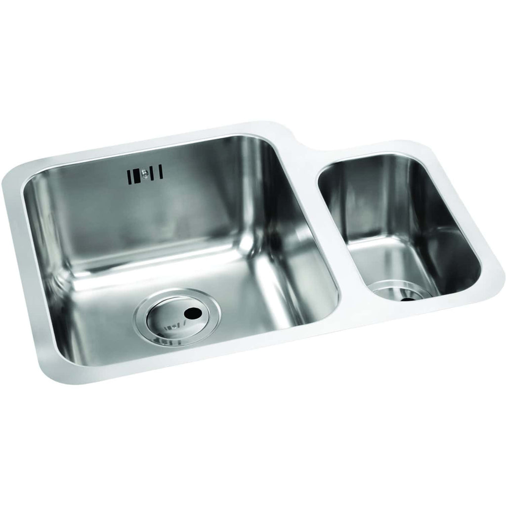 Stainless steel double kitchen sink with integrated waste outlets, modern design, ideal for contemporary bathrooms and kitchens. Elegant and durable, perfect for any renovation.