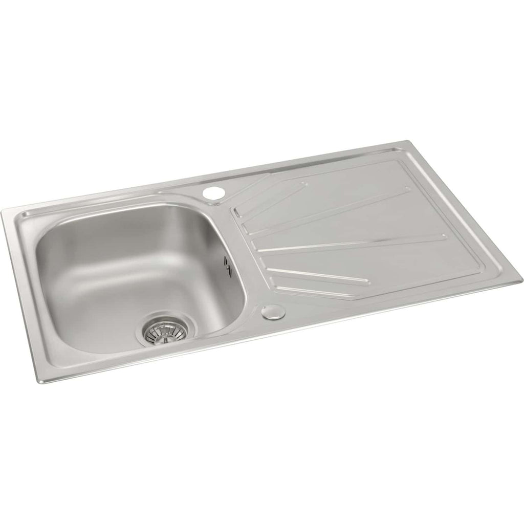 Stainless steel kitchen sink with integrated draining board, modern design, ideal for contemporary bathrooms and kitchens, durable and easy to clean, versatile for home renovation projects.