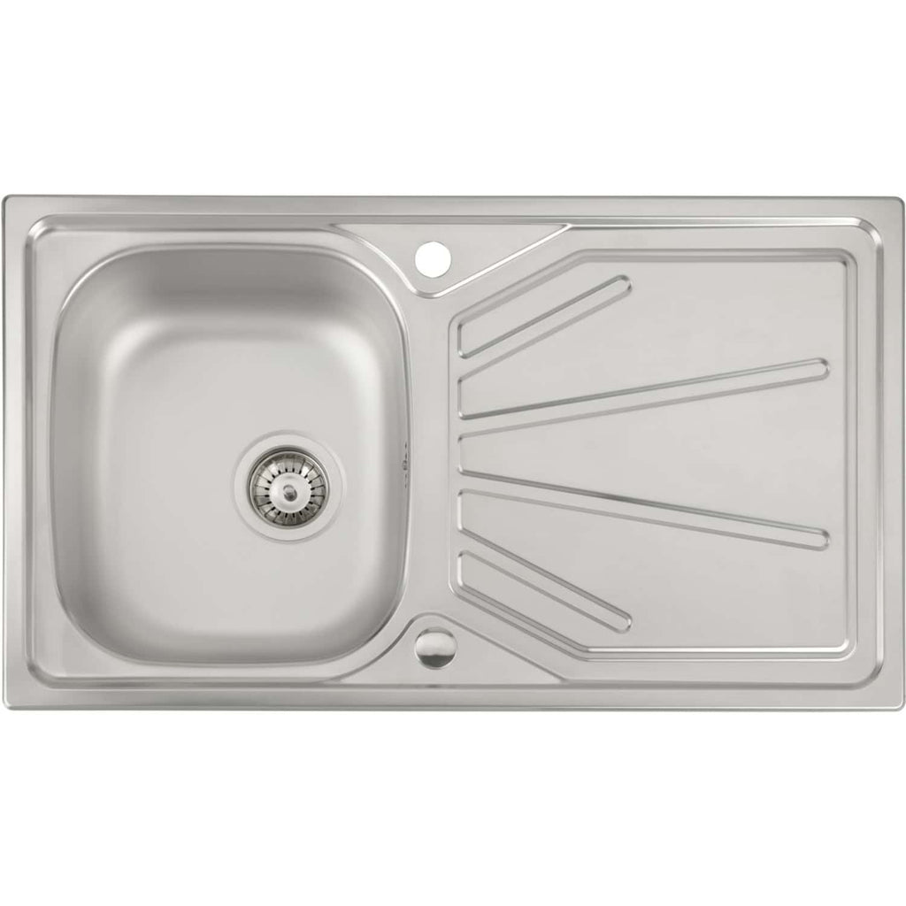 Stainless steel kitchen sink with integrated drainer, modern design, and durable construction, ideal for contemporary bathrooms and kitchens. Perfect for efficient space usage and easy cleaning.