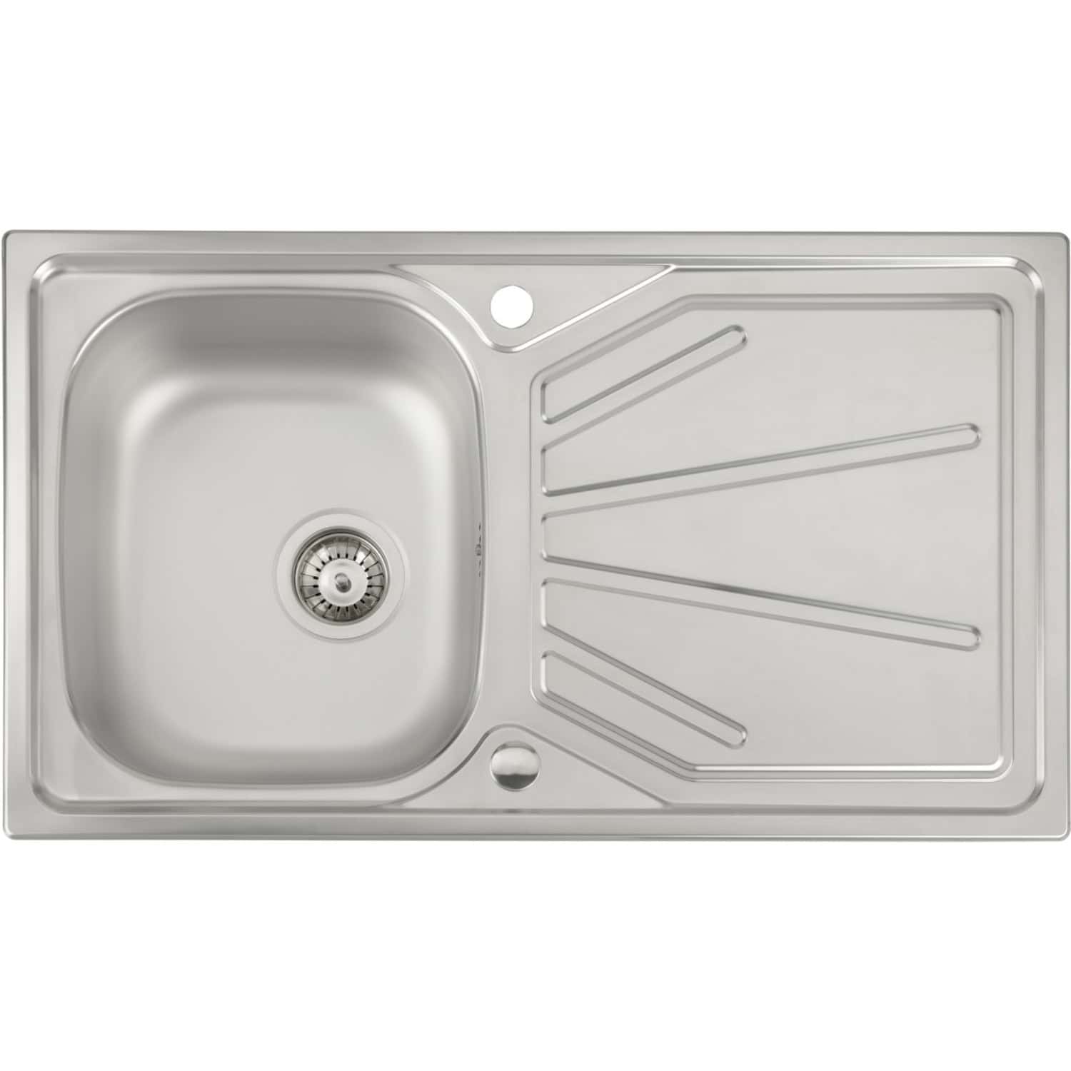 Stainless steel kitchen sink with integrated drainer, modern design, and durable construction, ideal for contemporary bathrooms and kitchens. Perfect for efficient space usage and easy cleaning.