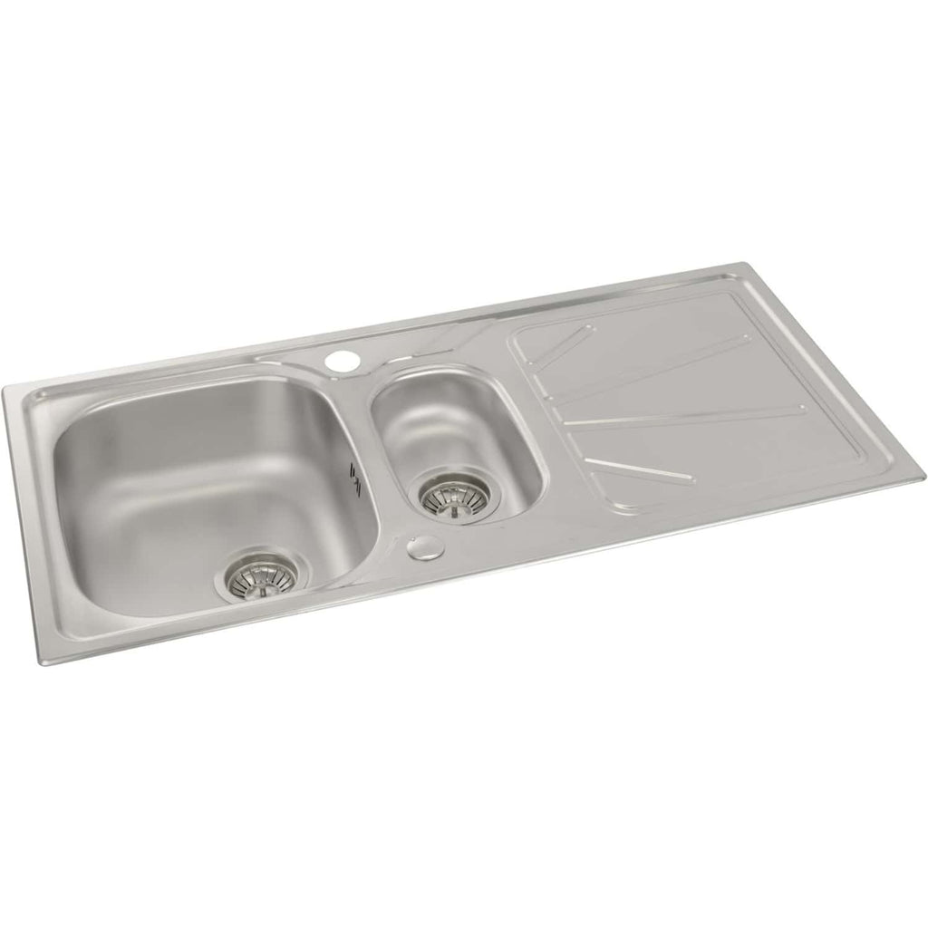 Stainless steel kitchen sink with dual basins, drainer, and modern design, perfect for contemporary bathrooms and kitchens. Durable, easy to clean, ideal for plumbing and renovation projects.