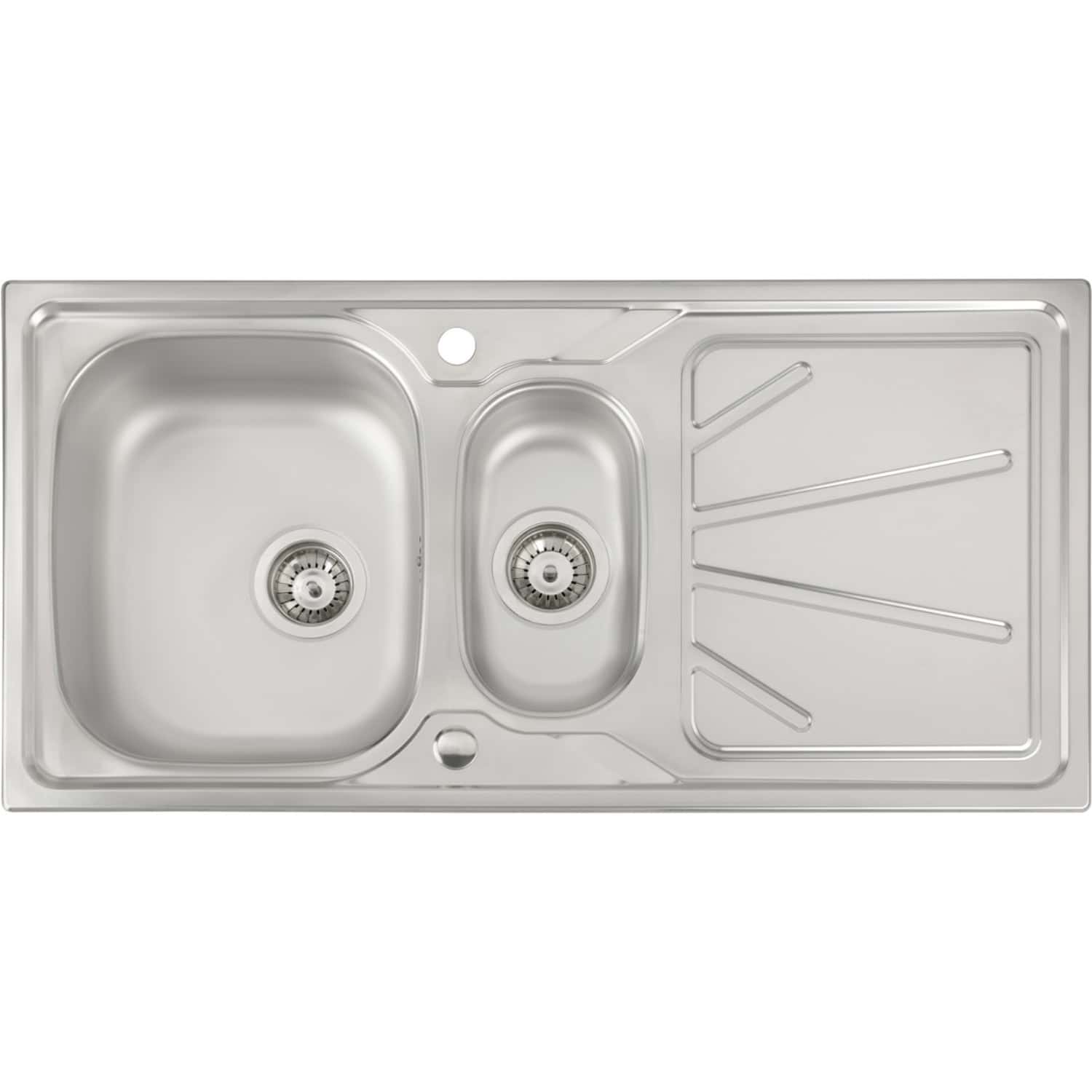 Stainless steel kitchen sink with dual bowls and drainer, ideal for modern bathrooms and kitchens, featuring durable finish and easy-to-clean design. Perfect for sleek bathroom or kitchen remodels.
