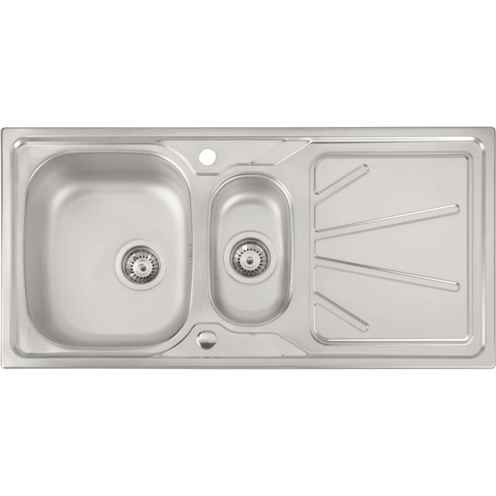 Stainless steel kitchen sink with dual bowls and drainer, ideal for modern bathrooms and kitchens, featuring durable finish and easy-to-clean design. Perfect for sleek bathroom or kitchen remodels.