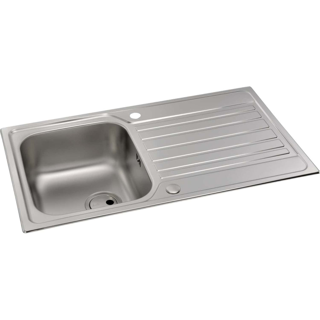 Stainless steel kitchen sink with integrated draining board, modern design, and durable construction for Bubly Bathrooms. Perfect for contemporary UK kitchens.