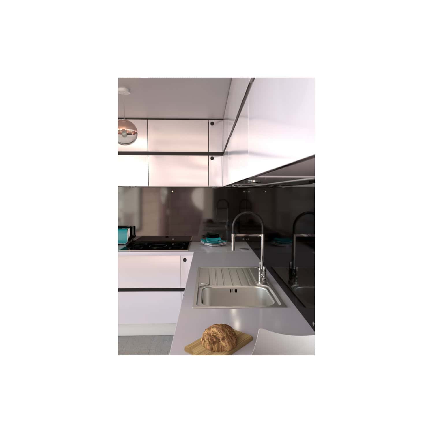 Polished modern kitchen with sleek white cabinetry, stainless steel sink, and minimalist black countertops, showcasing contemporary bathroom-inspired design elements.
