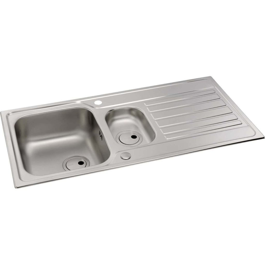Stainless steel kitchen sink with double bowl, integrated draining board and modern design, ideal for contemporary bathrooms and kitchens. Durable, easy to clean, perfect for home renovation projects.