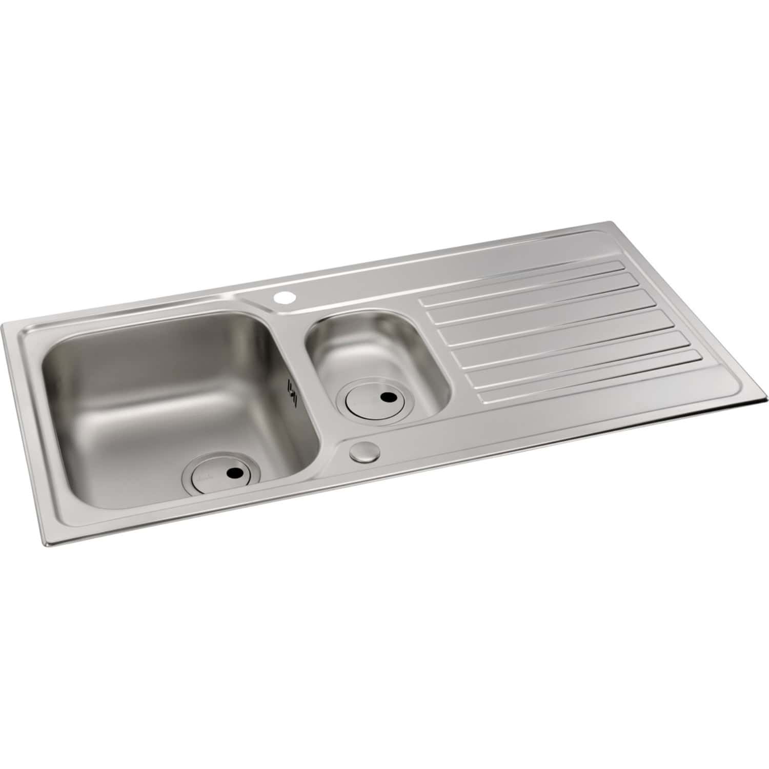 Stainless steel kitchen sink with double bowl, integrated draining board and modern design, ideal for contemporary bathrooms and kitchens. Durable, easy to clean, perfect for home renovation projects.