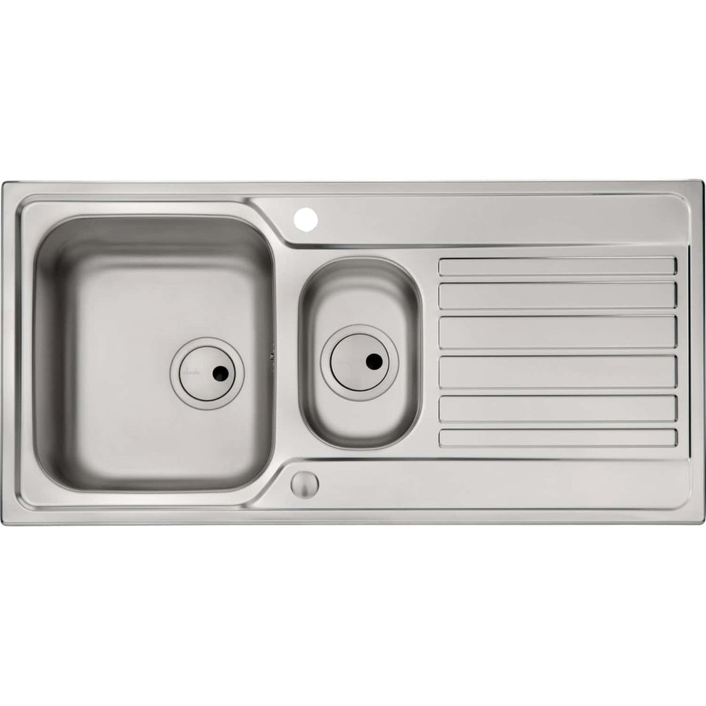 Stainless steel kitchen sink with dual bowls and draining board, ideal for modern bathrooms and kitchens. Durable, easy to clean, and perfect for home or commercial use.