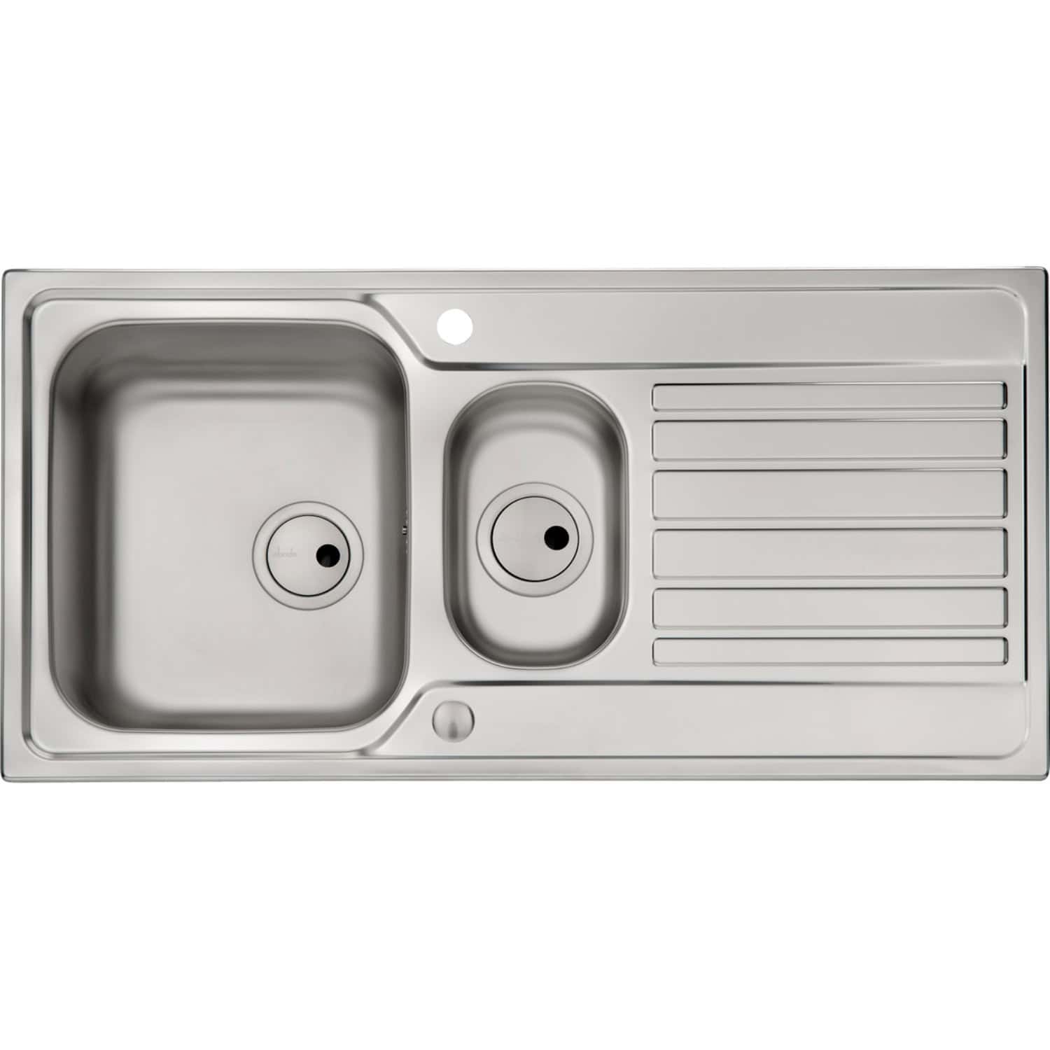Stainless steel kitchen sink with dual bowls and draining board, ideal for modern bathrooms and kitchens. Durable, easy to clean, and perfect for home or commercial use.