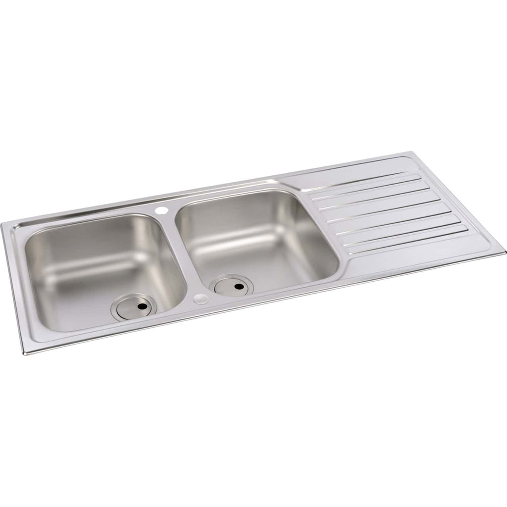 Stainless steel kitchen sink with dual bowls and integrated draining board, perfect for modern bathrooms and kitchens. Durable, easy to clean, and ideal for everyday use in premium bathroom installations.