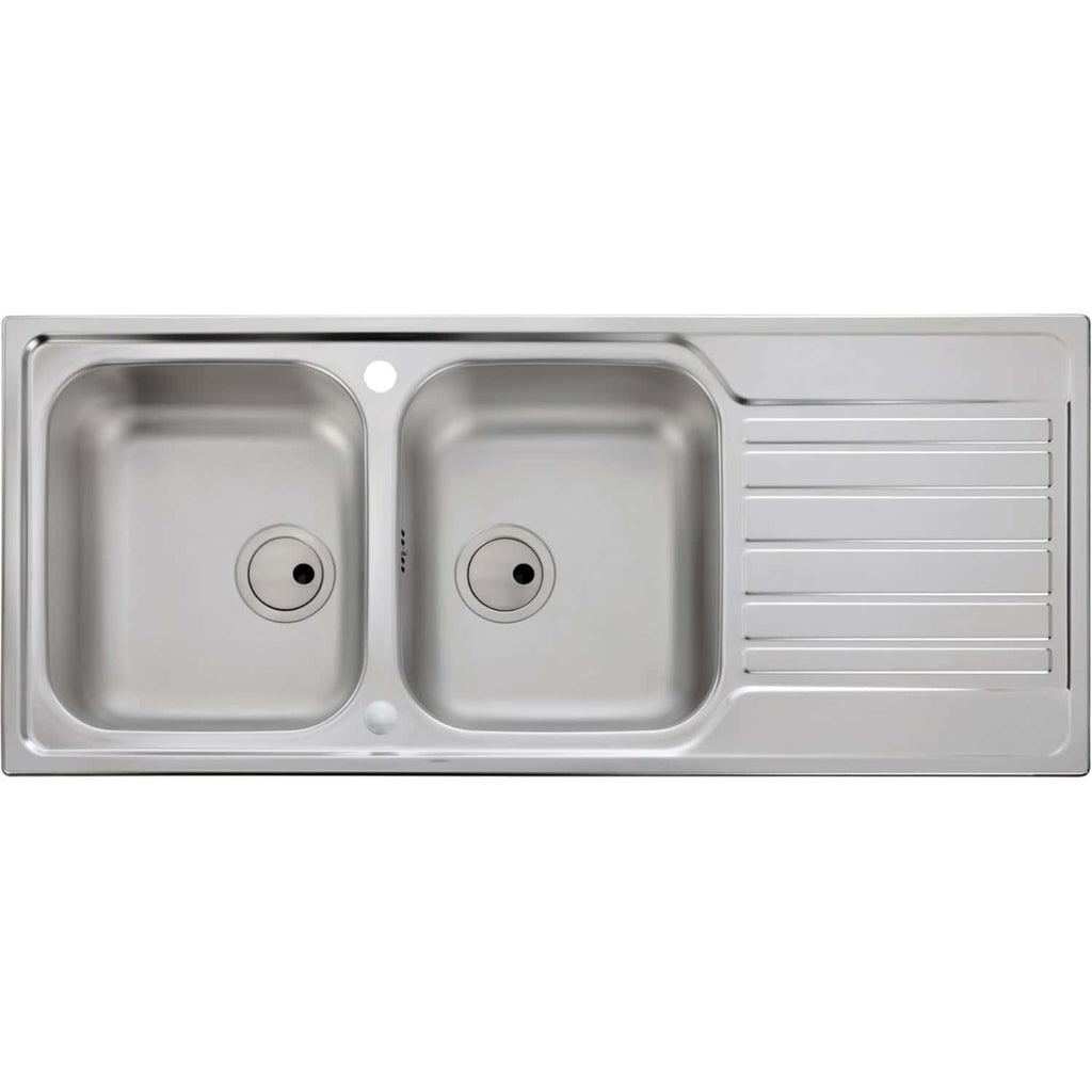 Stainless steel double kitchen sink with drainer and waste outlets, perfect for modern bathrooms and kitchens. Durable, easy to clean, with a sleek design and integrated draining board for convenience.