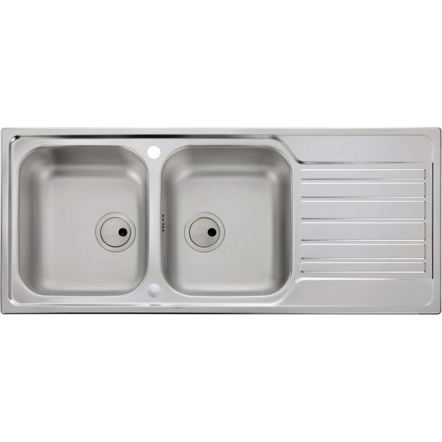 Stainless steel double kitchen sink with drainer and waste outlets, perfect for modern bathrooms and kitchens. Durable, easy to clean, with a sleek design and integrated draining board for convenience.