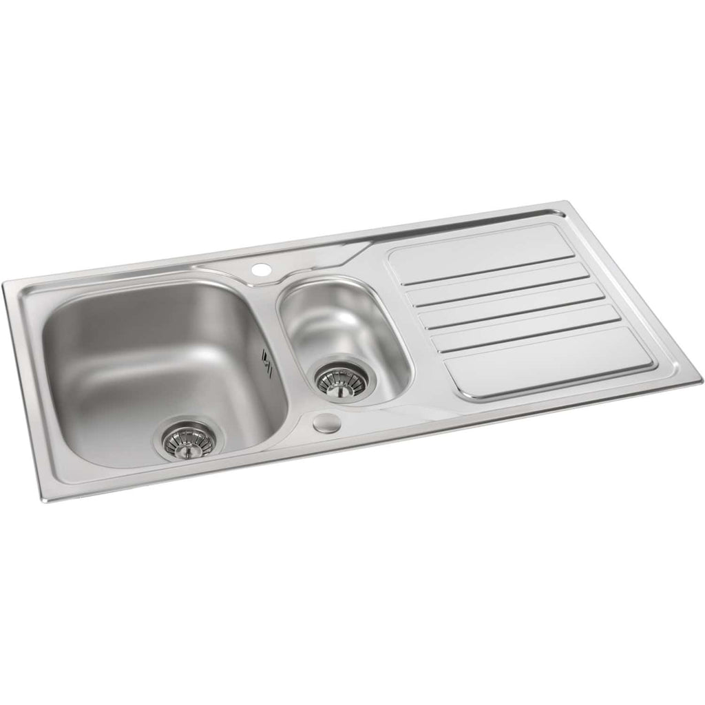 Stainless steel kitchen sink with dual bowls and drainer, ideal for modern bathroom or kitchen remodels, offering durability and functional design.