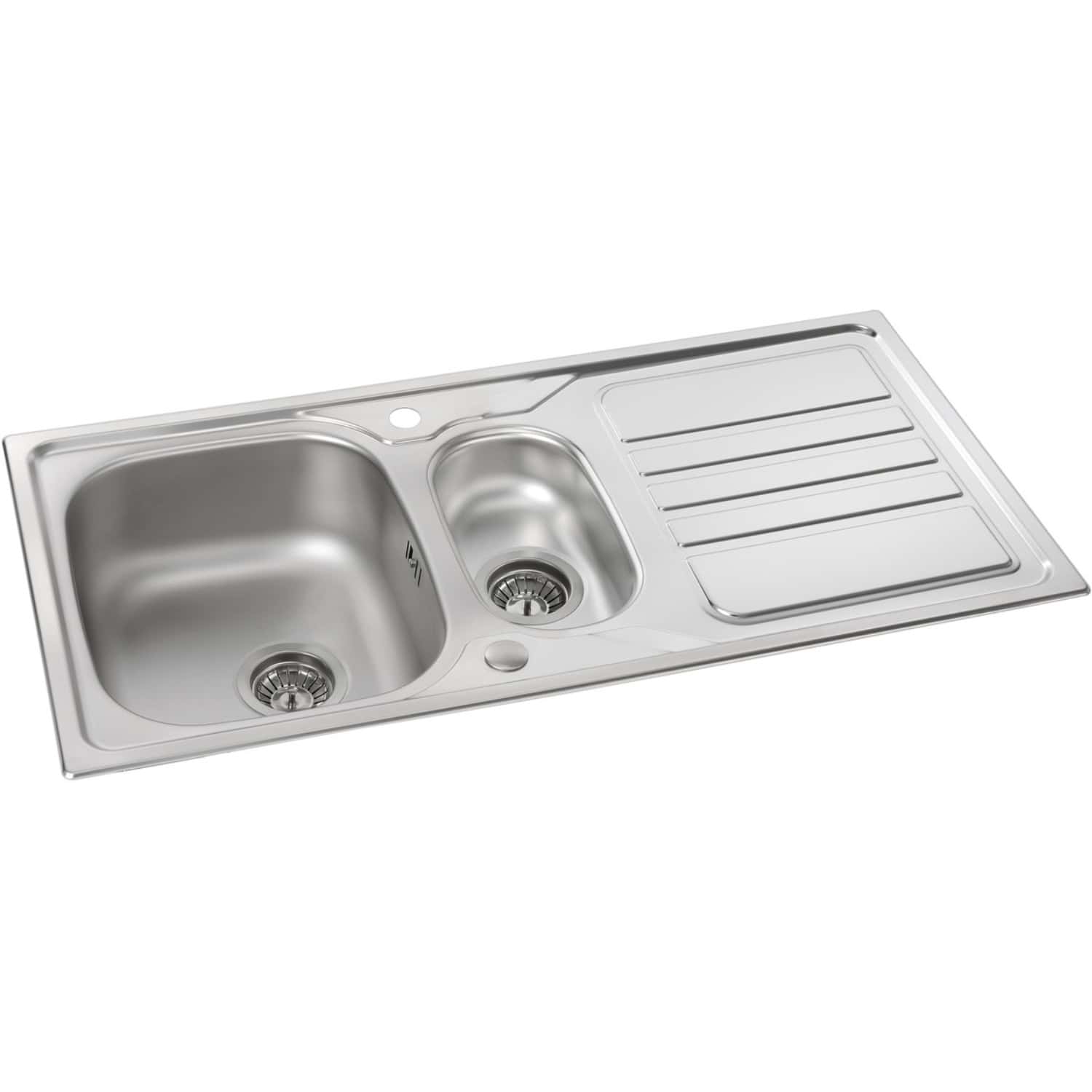 Stainless steel kitchen sink with dual bowls and drainer, ideal for modern bathroom or kitchen remodels, offering durability and functional design.