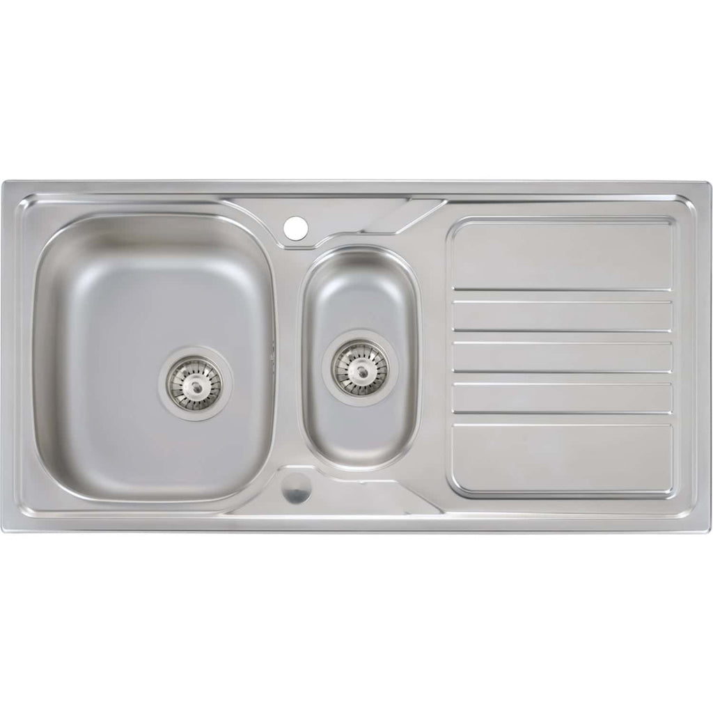Stainless steel kitchen sink with dual bowls and integrated draining board, perfect for modern bathrooms and kitchens.