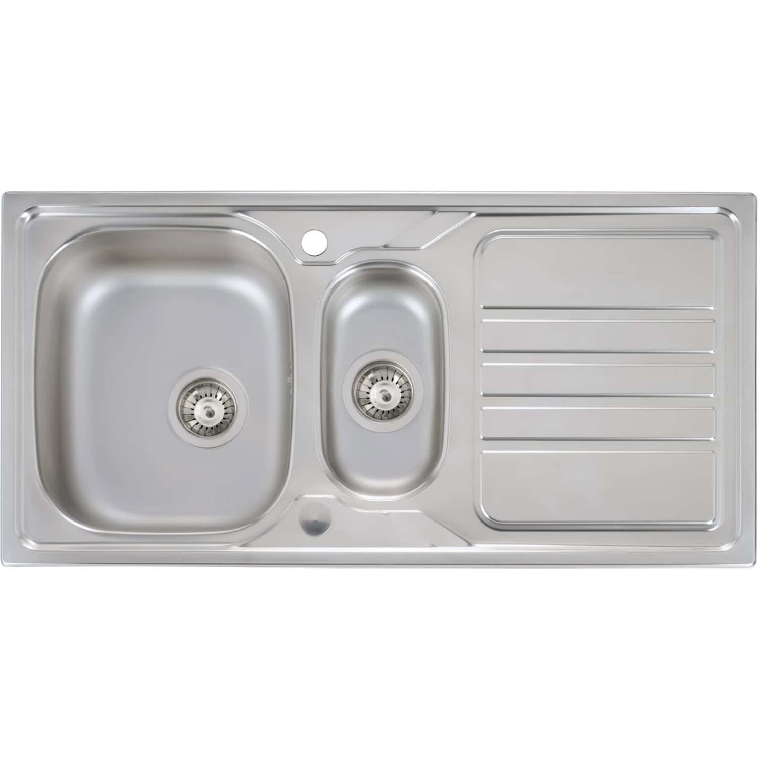 Stainless steel kitchen sink with dual bowls and integrated draining board, perfect for modern bathrooms and kitchens.