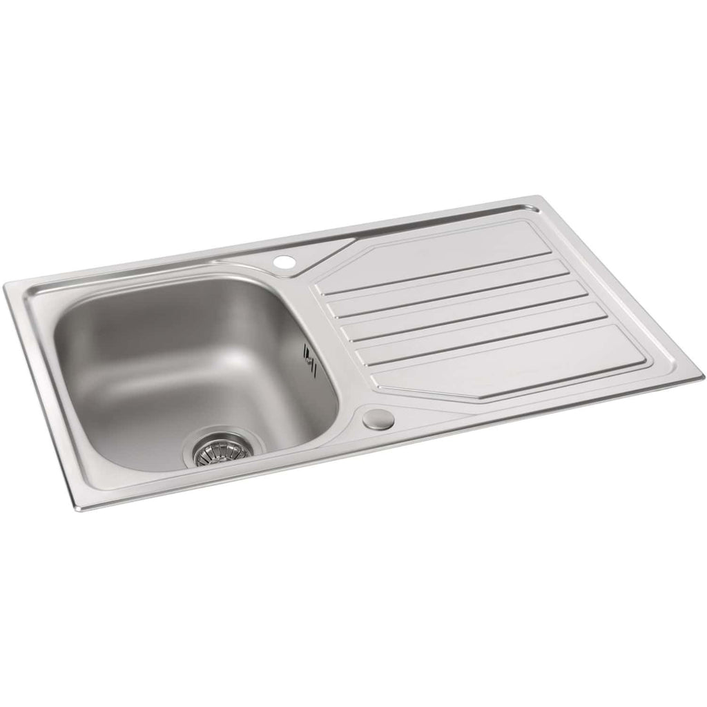 Stainless steel kitchen sink with integrated draining board, modern and durable design, ideal for contemporary bathrooms or kitchens. Perfect for stylish and functional home improvement projects.