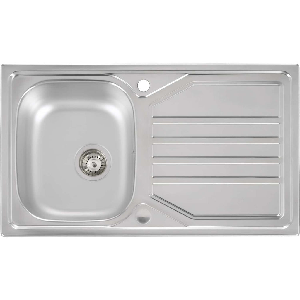 Stainless steel kitchen sink with drainer, modern design, and durable construction, perfect for contemporary bathrooms and kitchens. Installed with hygienic, easy-to-clean surfaces for efficient use.