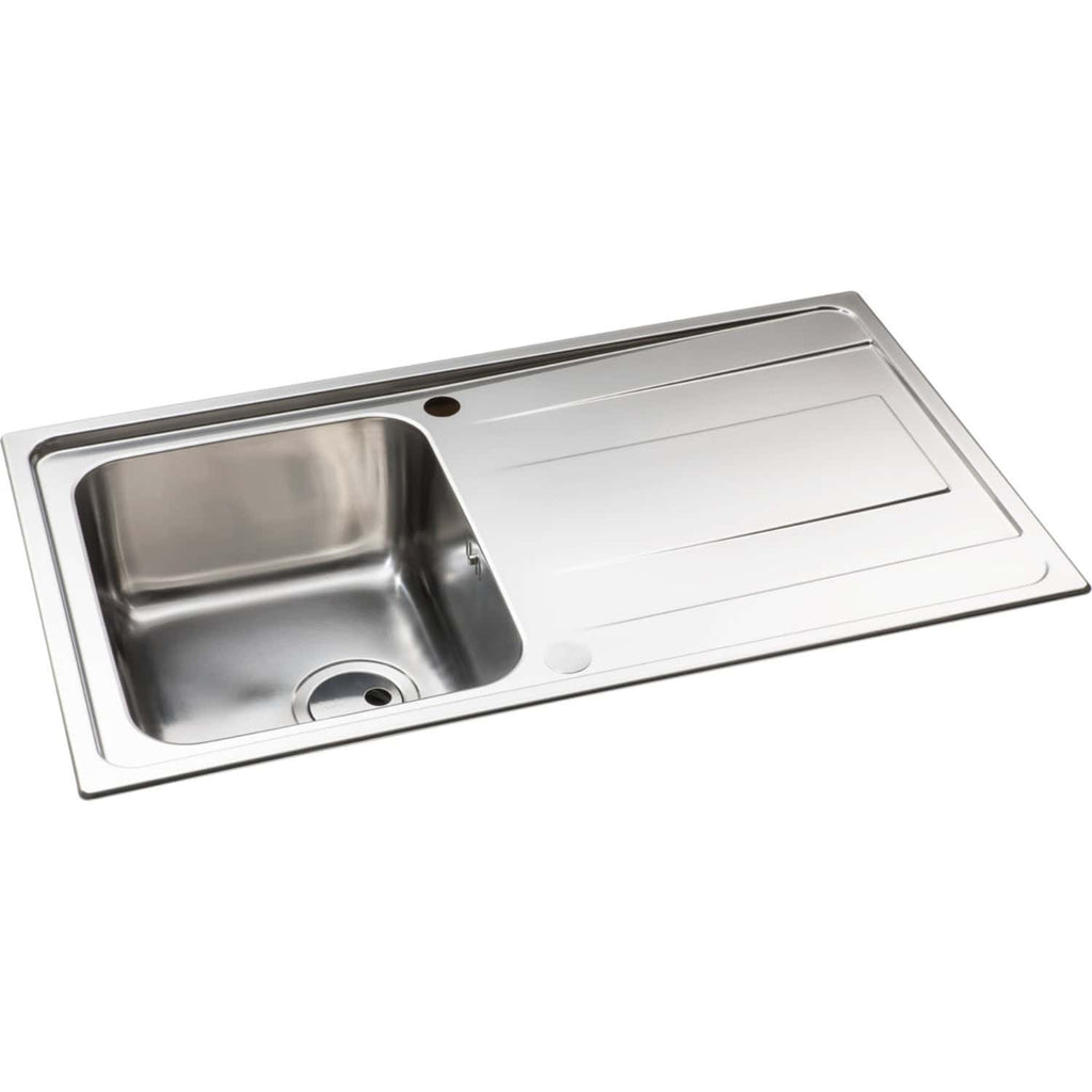 Stainless steel kitchen sink with integrated draining board, perfect for modern bathroom or kitchen renovation projects. Durable, easy to clean, and designed for functionality.
