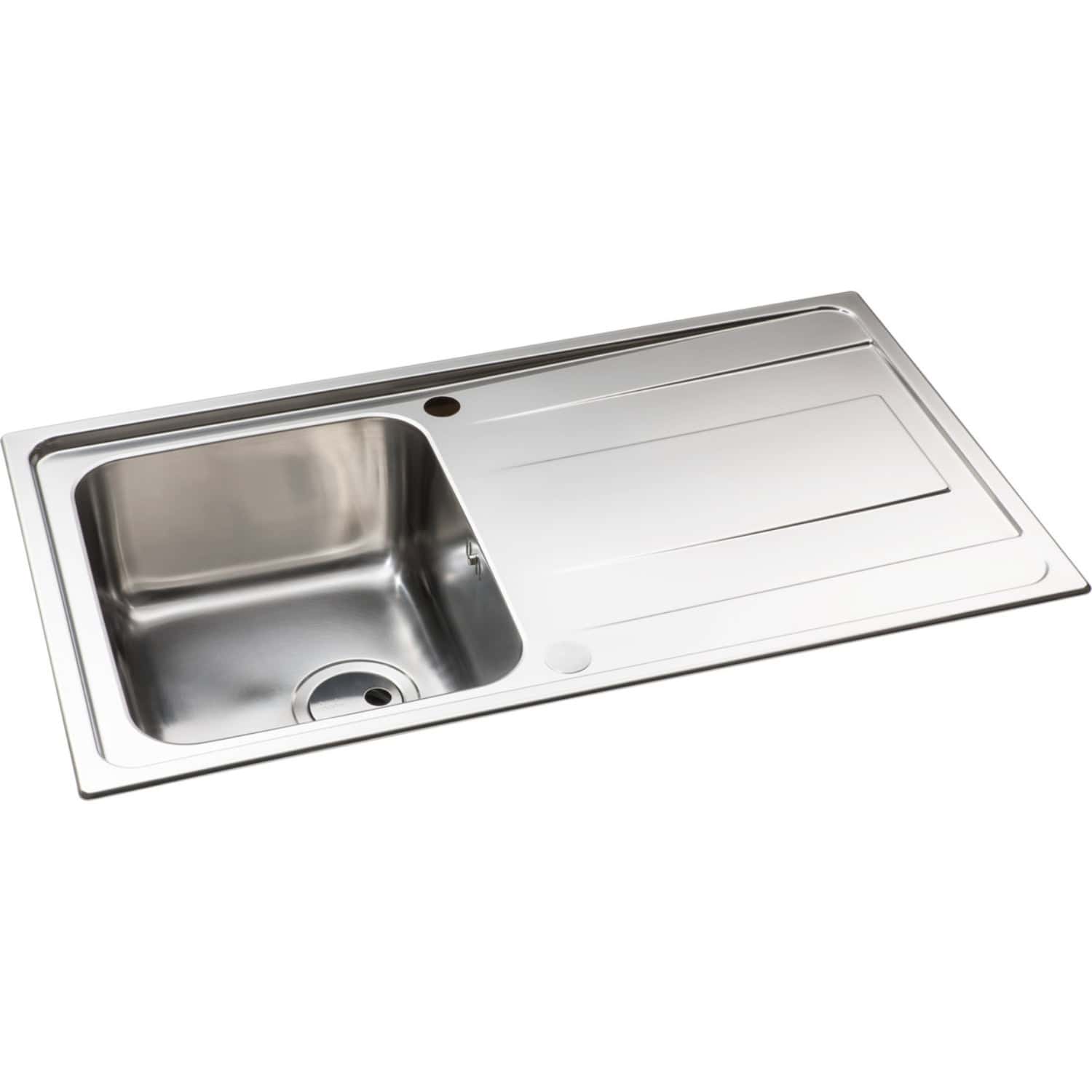 Stainless steel kitchen sink with integrated draining board, perfect for modern bathroom or kitchen renovation projects. Durable, easy to clean, and designed for functionality.