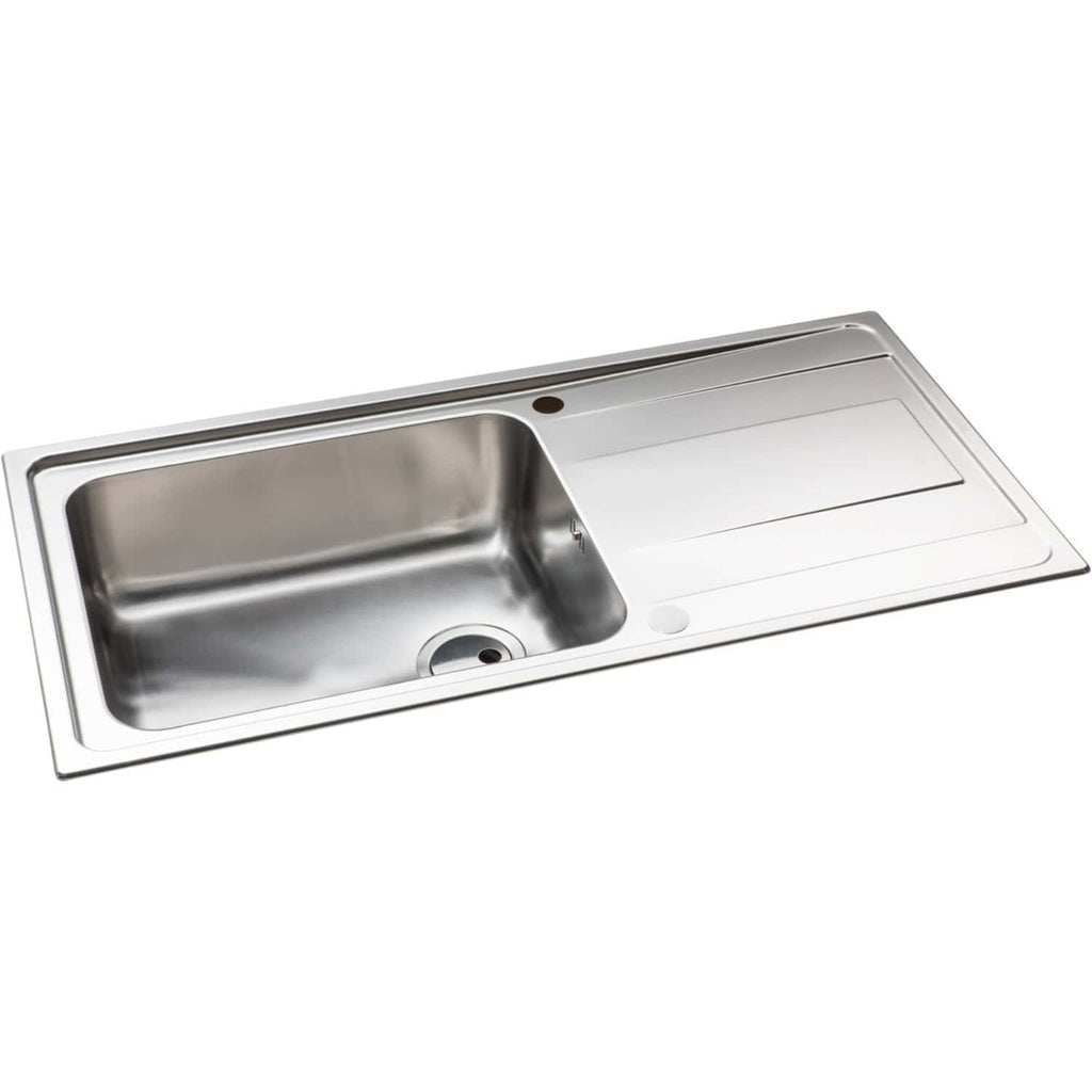 Stainless steel kitchen sink with integrated draining board, modern and durable design, ideal for contemporary bathrooms and kitchens. Perfect for installation in residential or commercial spaces.