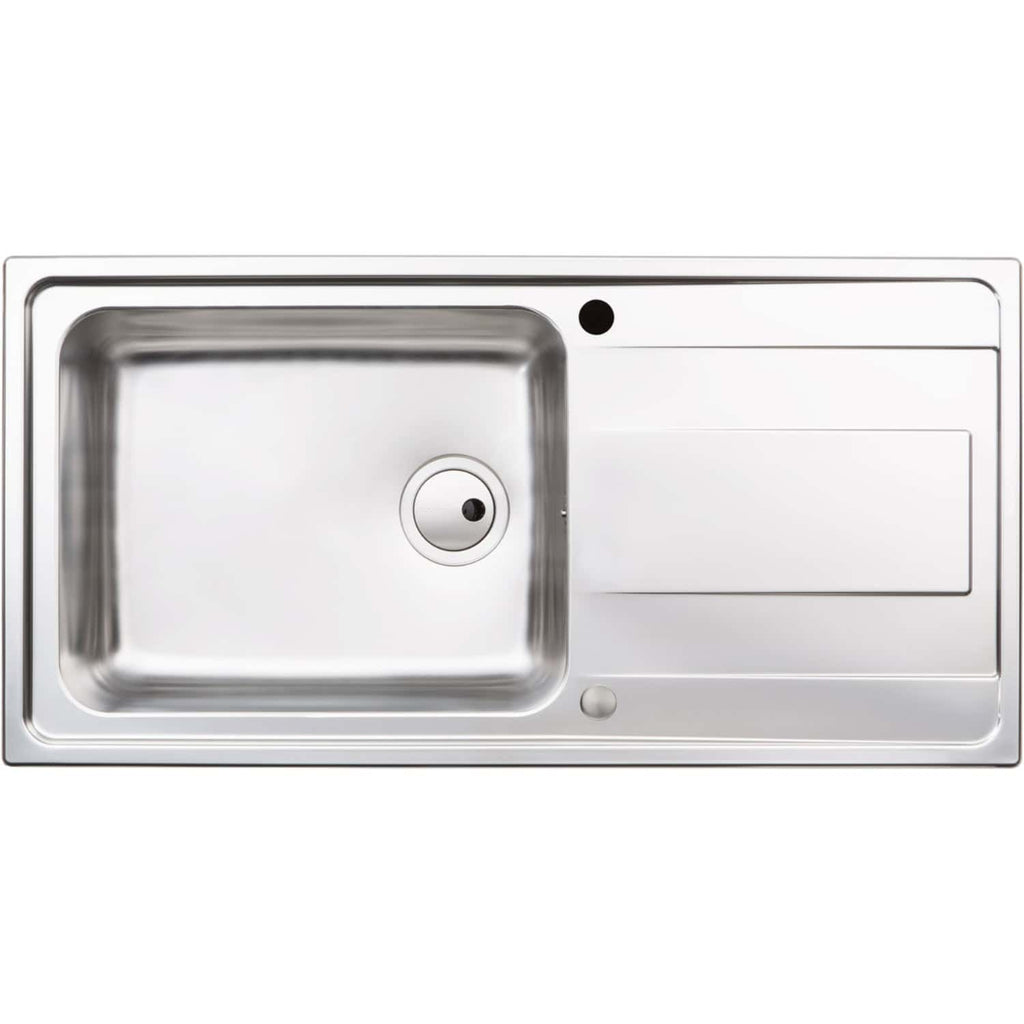 Stainless steel kitchen sink with integrated draining board, modern design, durable material, perfect for contemporary bathrooms and kitchens, by Bubly Bathrooms UK.