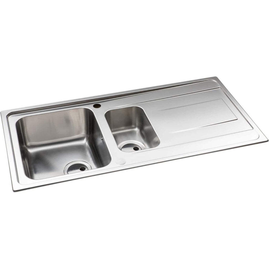 Stainless steel kitchen sink with double bowl and integrated draining board, ideal for modern bathrooms and kitchens. Durable, easy to clean, and perfect for sleek, functional bathroom design.