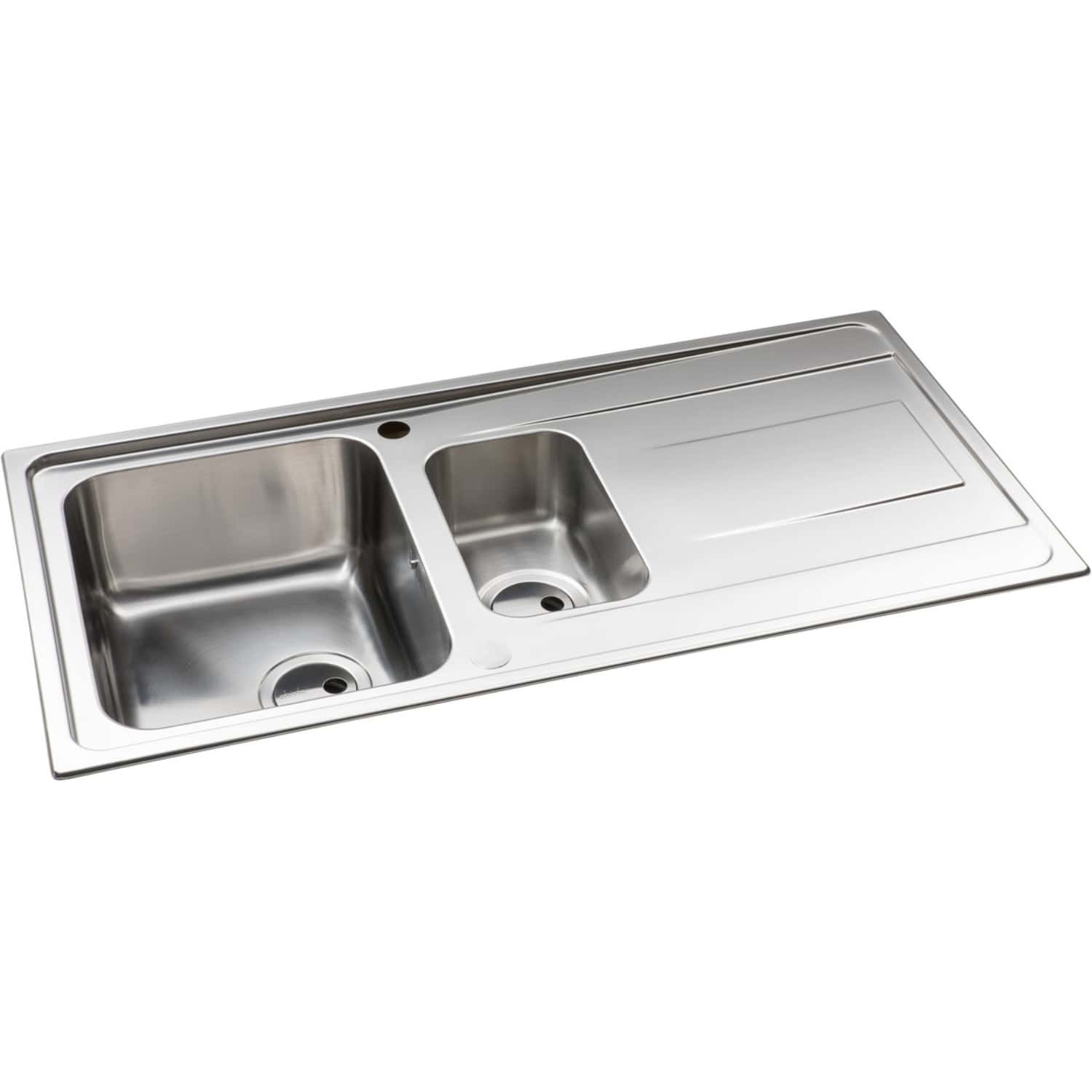 Stainless steel kitchen sink with double bowl and integrated draining board, ideal for modern bathrooms and kitchens. Durable, easy to clean, and perfect for sleek, functional bathroom design.
