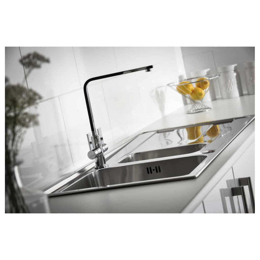 Sleek stainless steel kitchen sink with modern black faucet, minimalist design, and clean white tiled backdrop, ideal for contemporary bathroom or kitchen renovations.