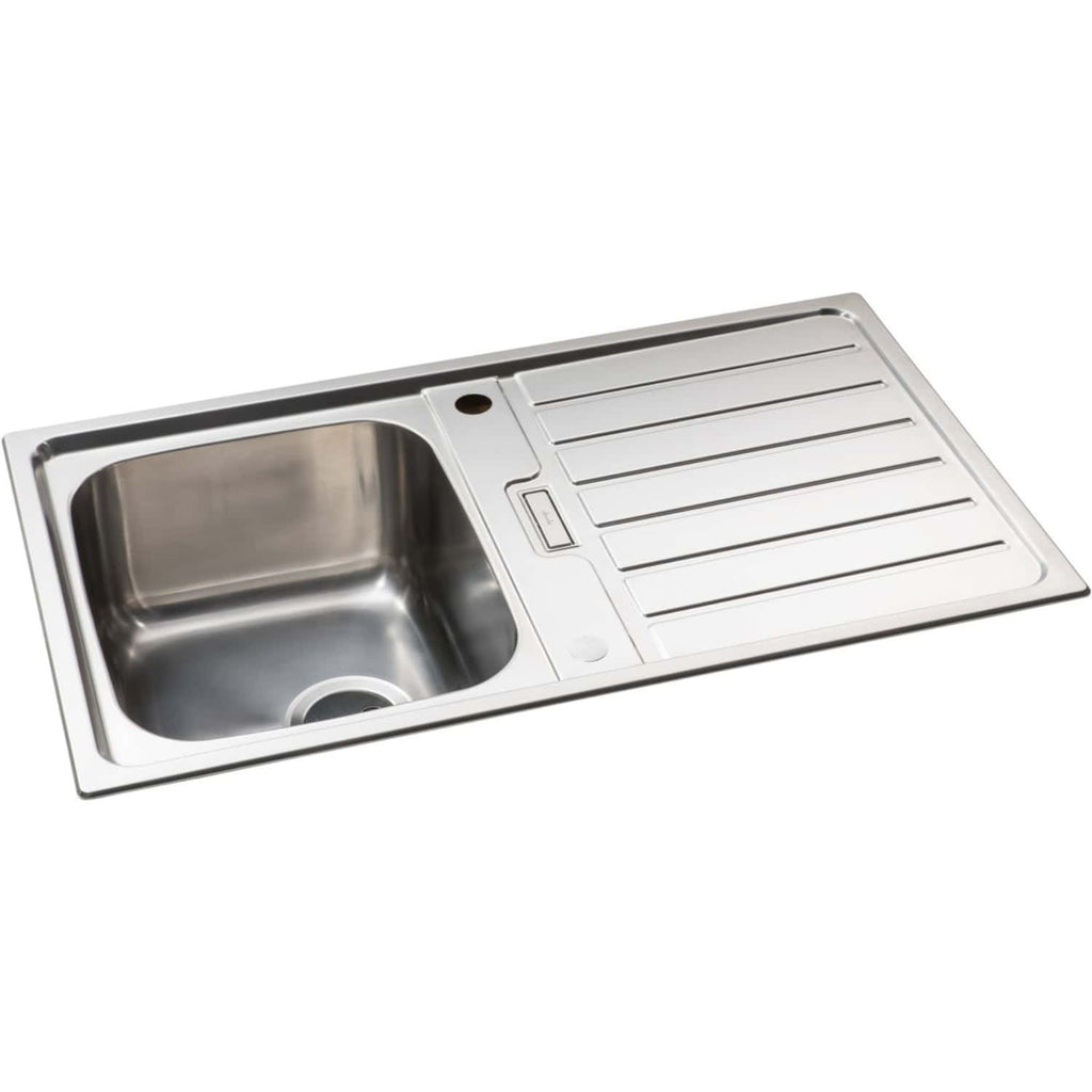 Stainless steel kitchen sink with built-in drainage and drainer, ideal for modern bathrooms and kitchens. Durable, easy to clean, perfect for plumbing installations.