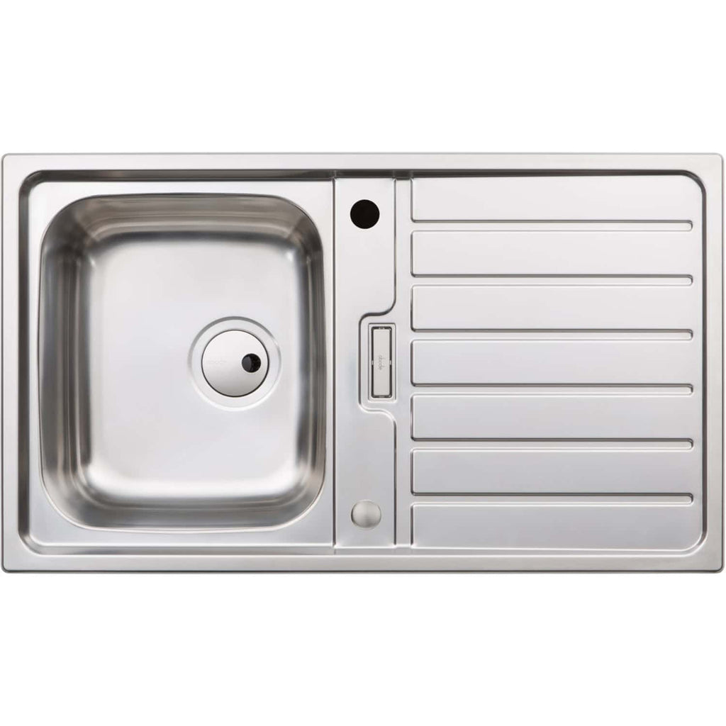 Polished stainless steel kitchen sink with integrated draining board, single bowl, and durable construction for modern bathroom or kitchen installations.