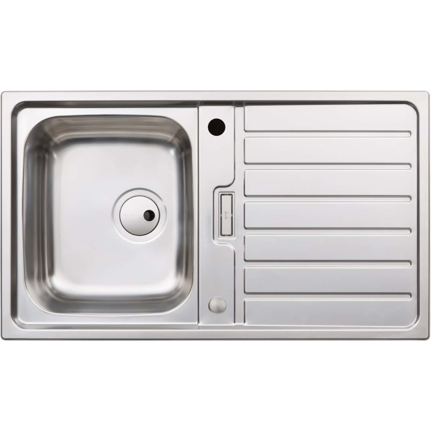 Polished stainless steel kitchen sink with integrated draining board, single bowl, and durable construction for modern bathroom or kitchen installations.
