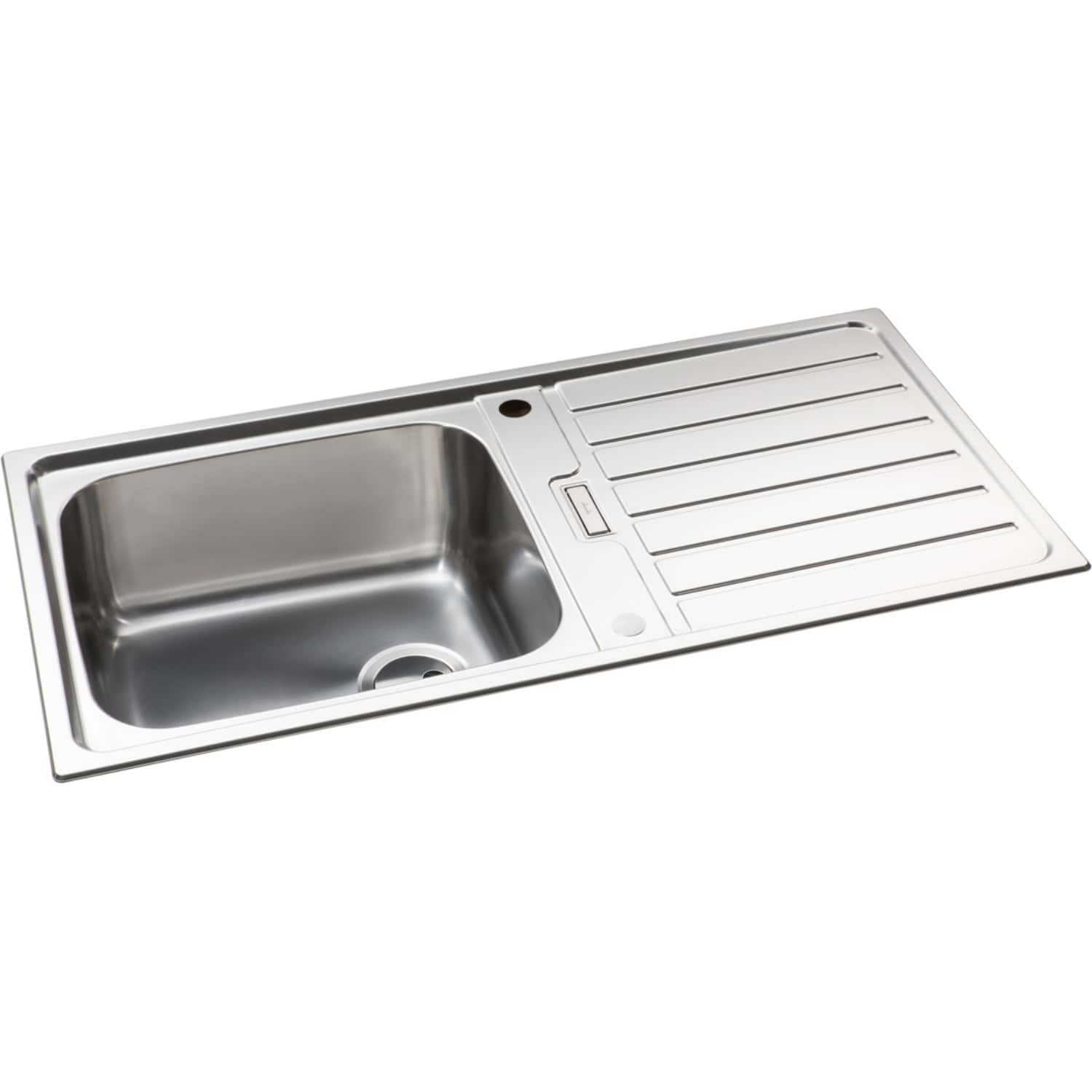 Stainless steel kitchen sink with integrated draining board, durable and modern design, ideal for contemporary bathrooms and kitchens. Perfect for efficient cleaning and water management.