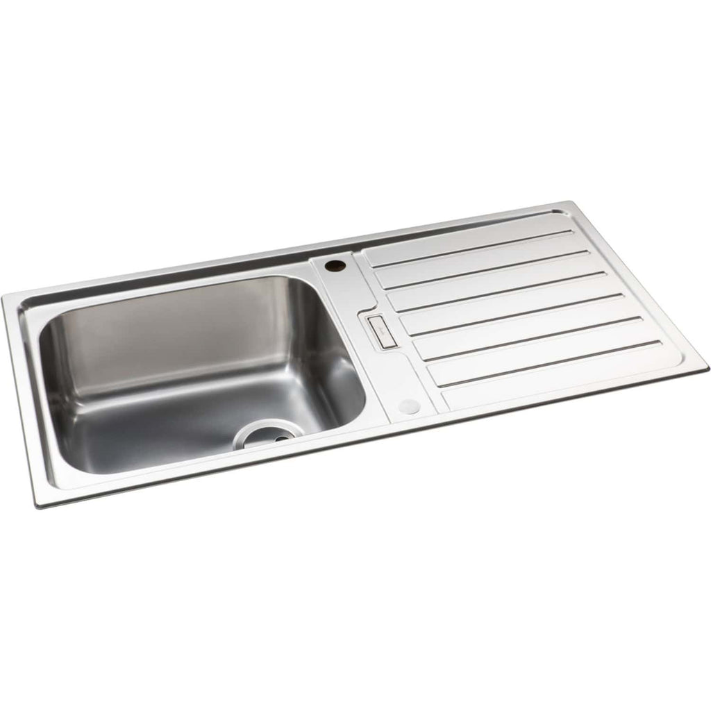 Stainless steel kitchen sink with integrated draining board, durable and modern design, ideal for contemporary bathrooms and kitchens. Perfect for efficient cleaning and water management.
