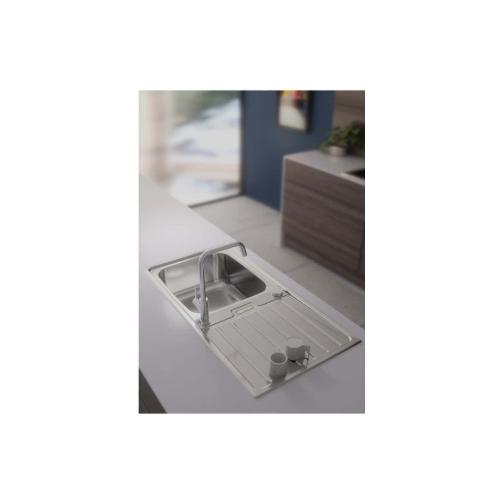 Stainless steel kitchen sink with integrated draining board and modern chrome tap, ideal for contemporary bathrooms and kitchens, featuring durable and stylish design for efficient water use.