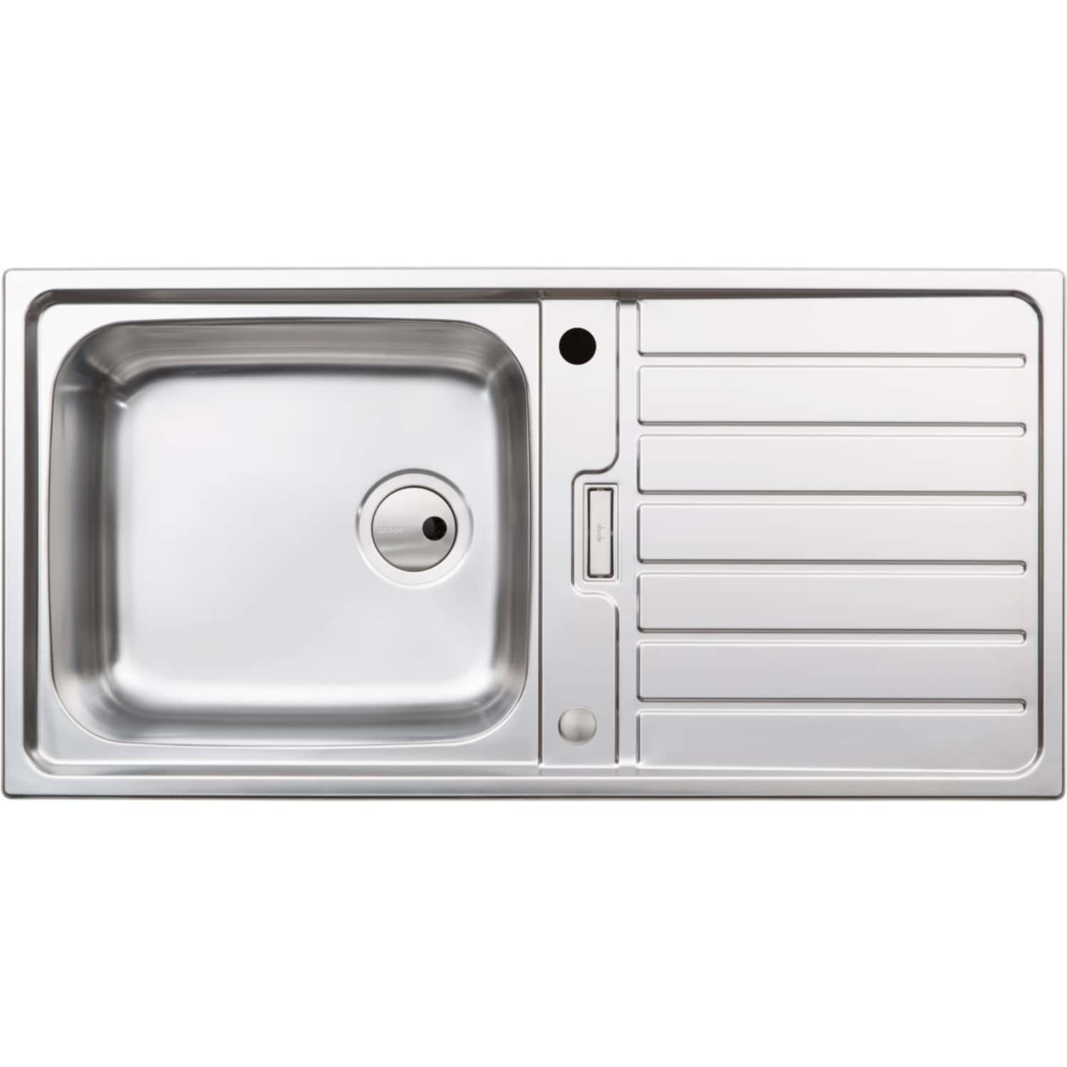 Stainless steel kitchen sink with drainer, modern design, durable and easy to clean, ideal for contemporary bathrooms or kitchens. Perfect for efficient water drainage and versatile use.