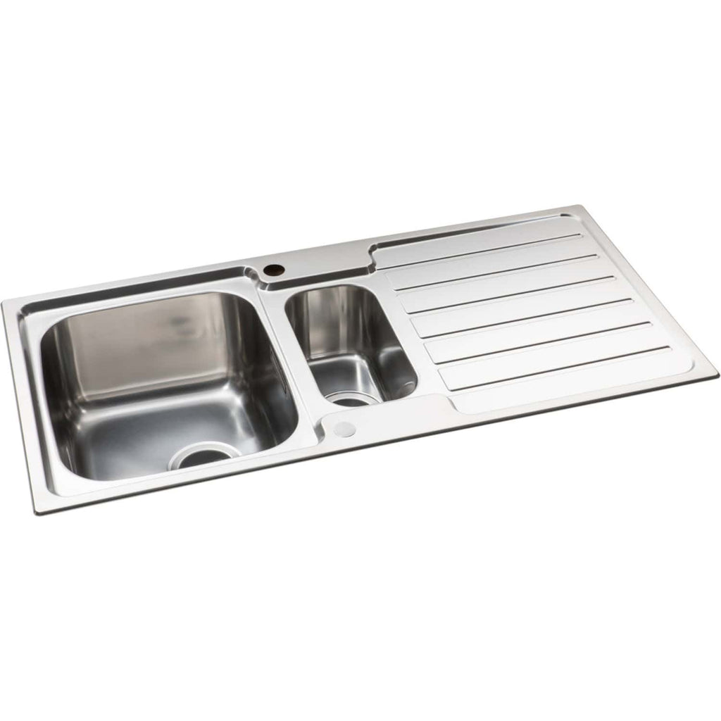 Stainless steel kitchen sink with dual basins and integrated draining board, ideal for modern bathrooms and kitchens, featuring durable, corrosion-resistant construction.