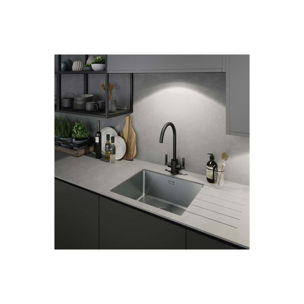 Sleek modern kitchen with stylish matte black sink tap and contemporary decor, featuring organised open shelving, grey cabinetry, and minimalist design for efficient space utilisation.