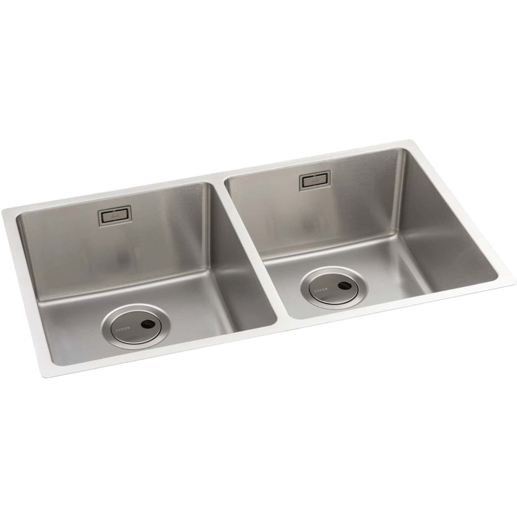 Double stainless steel kitchen sink with two bowls and integrated drainage systems, ideal for modern kitchens and plumbing solutions. Durable, sleek design perfect for home renovation or commercial use.