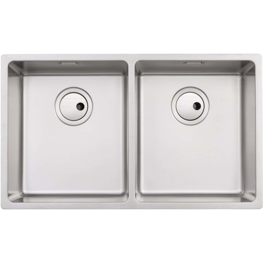 Stainless steel double kitchen sink with two basins and modern design, ideal for contemporary bathrooms and kitchens. Durable and easy to clean, perfect for upgrading bathroom or kitchen fixtures.