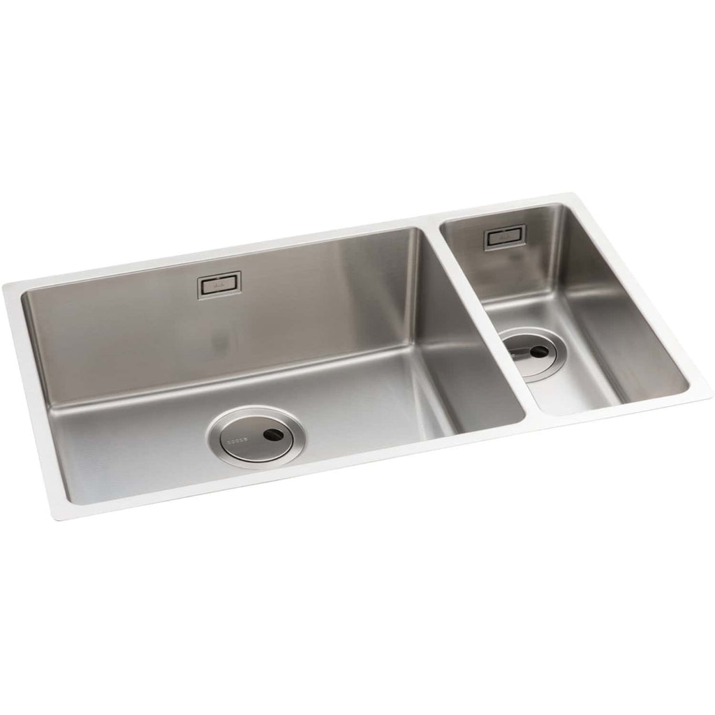 Stainless steel double sink with white surrounding edge, modern kitchen design, durable and functional, ideal for home or commercial use, sleek contemporary style for stylish kitchens.