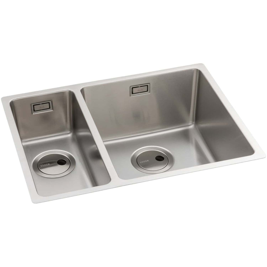 Stainless steel double kitchen sink with integrated drainage, ideal for modern kitchens and plumbing needs.