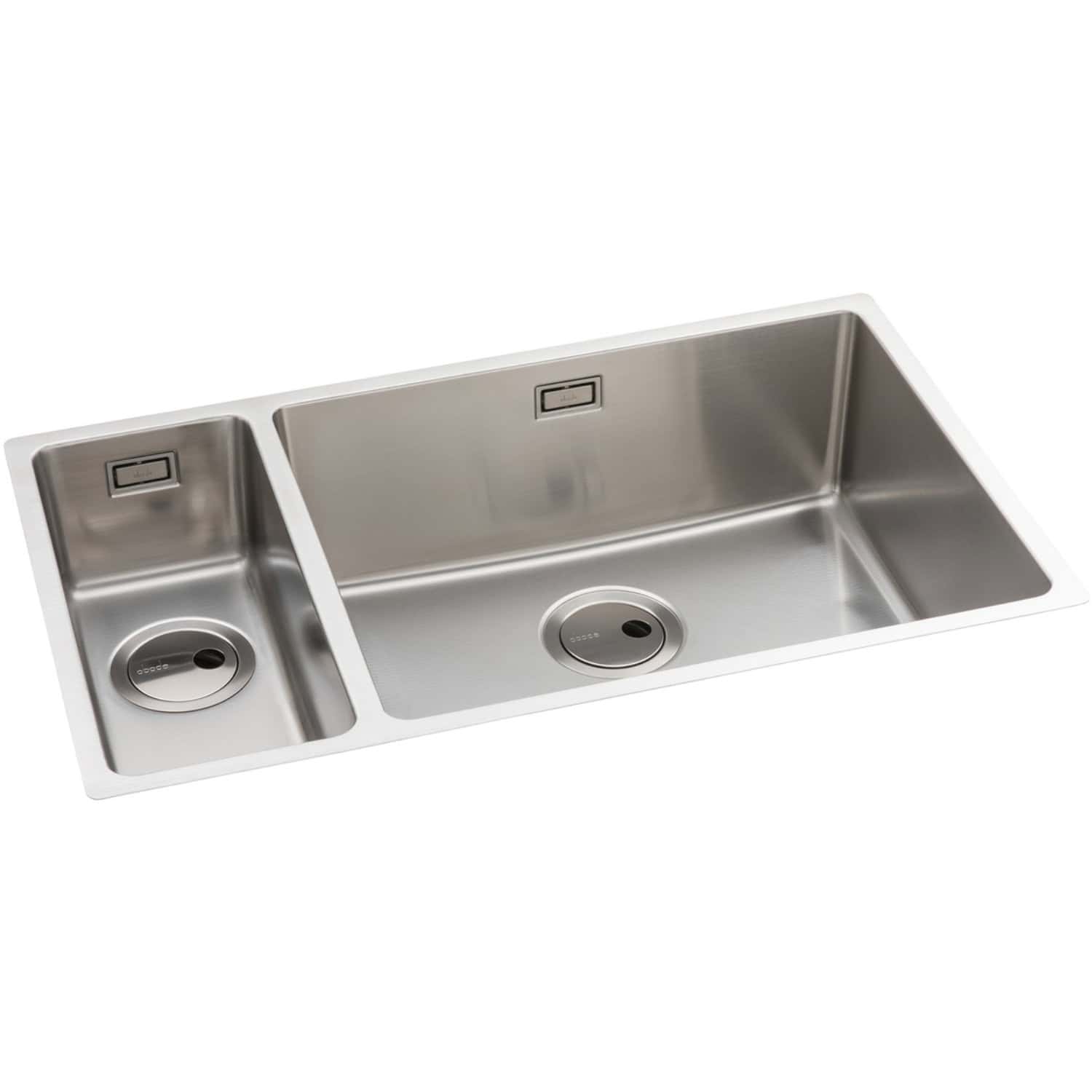 Stainless steel double bowl kitchen sink with integrated drainer, modern design, perfect for contemporary bathrooms and kitchens.