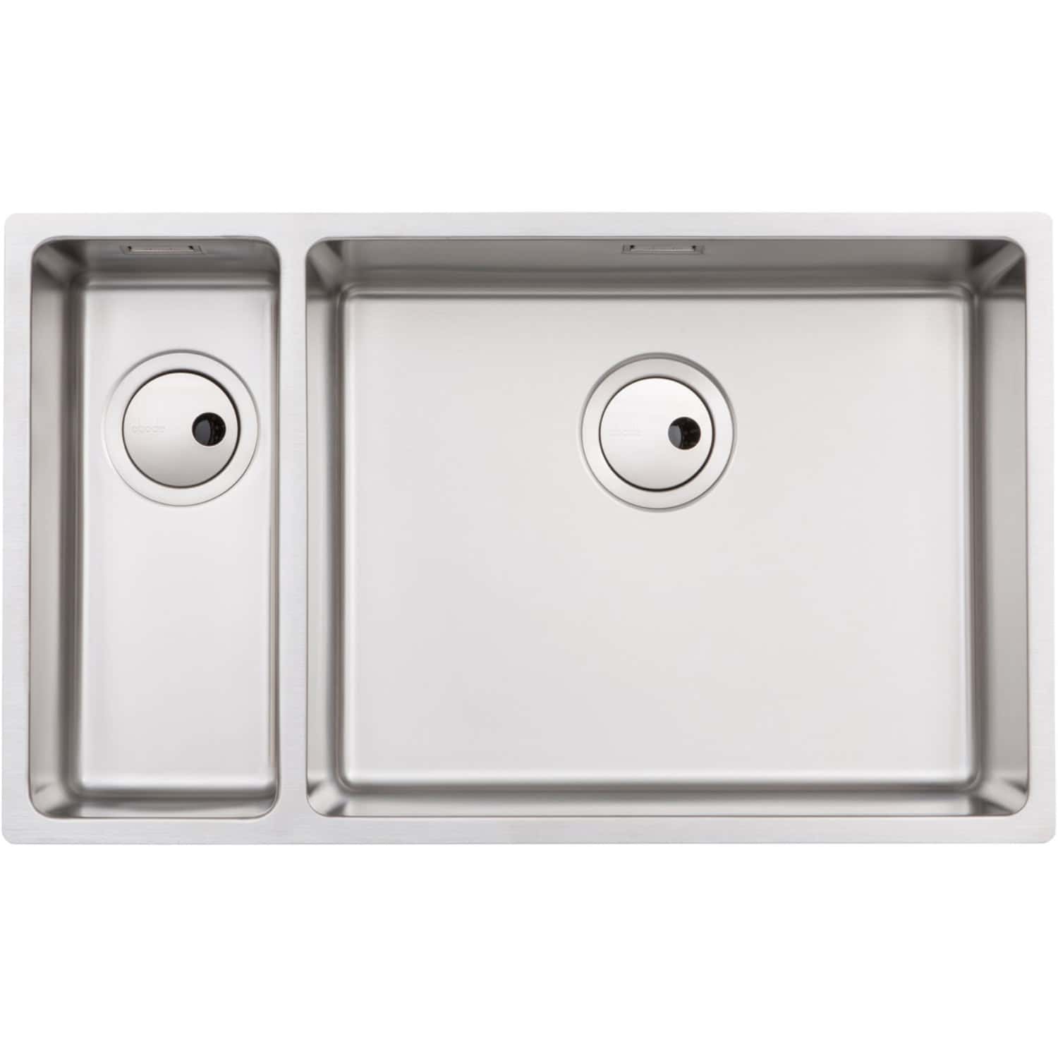 Stainless steel double kitchen sink with corner drainboards, modern design, durable material, perfect for contemporary bathrooms or kitchens, from Bubly Bathrooms.