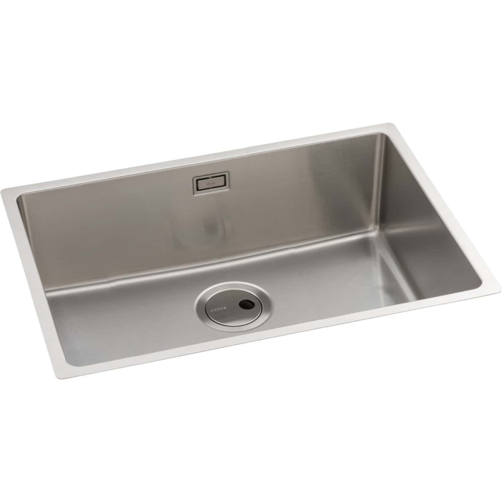 Stainless steel kitchen sink with built-in drain, modern design, and integrated overflow. Perfect for contemporary bathrooms and kitchens, offering durability and sleek aesthetics.