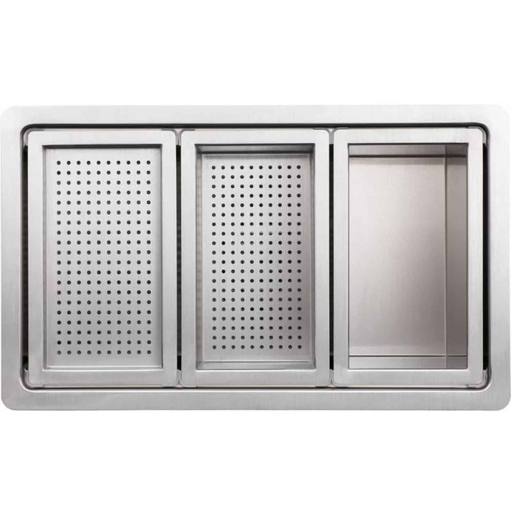 Stainless steel bathroom organiser with three compartments, ideal for modern bathroom storage solutions. Durable and sleek design for organising toiletries and accessories.